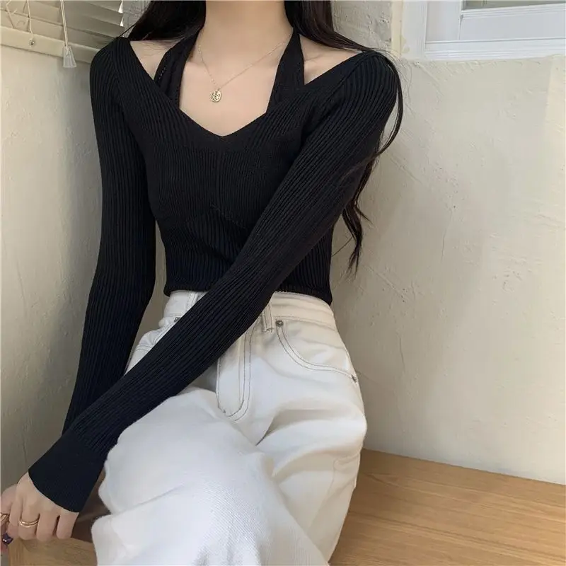 Fake Two Pieces Halter Pullovers Female Clothing Knitted Solid Color Spring Autumn Slim Casual V-Neck Basic Long Sleeve T-shirt