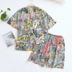 New Summer Ladies 100% Viscose Pajamas Short Sleeve Shorts Two Piece Floral V-Neck Thin Loose Women's Homewear Set sleepwear