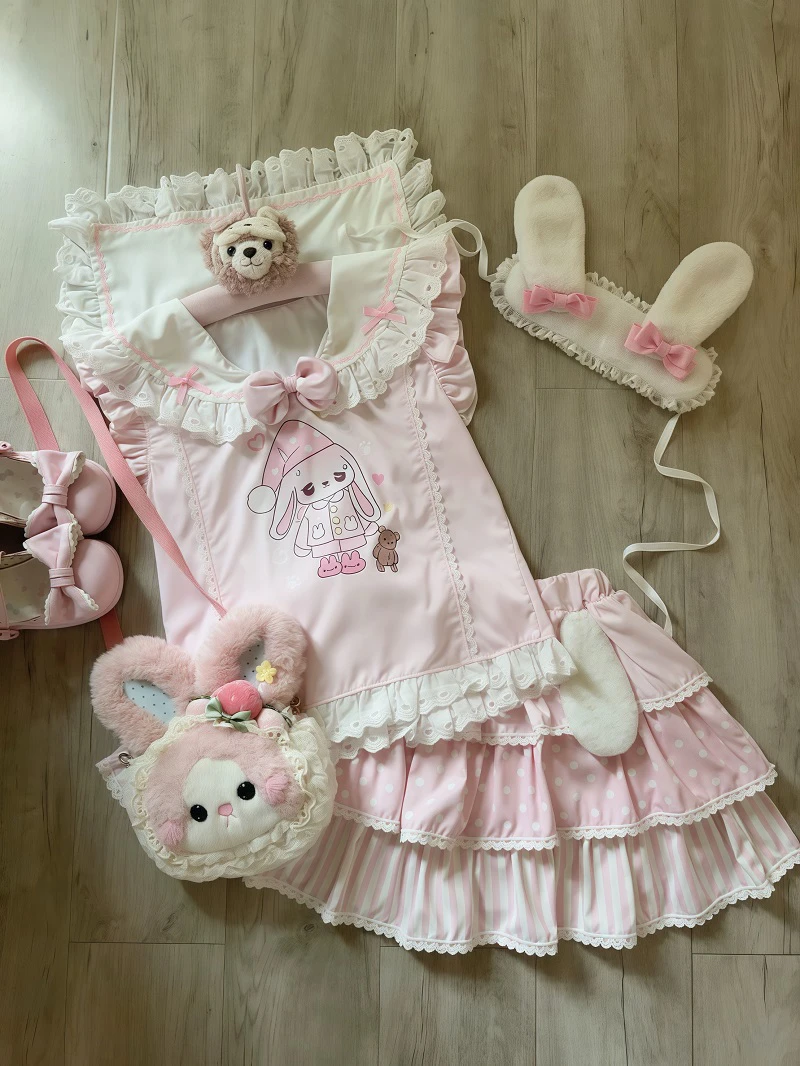 

Sweet and Cute Tutu Daughter Dress Summer Soft Girl Cake Skirt Two-piece Sets Summer Doll Collar Pink Top and Skirt