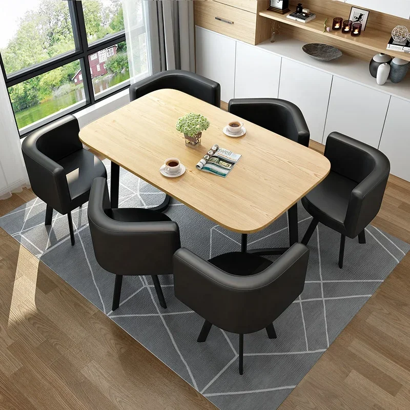 

Modern Commercial High-Quality Rectangular Leather Dining Set for Reception Hall And Dining Room with 6 Chairs And Table