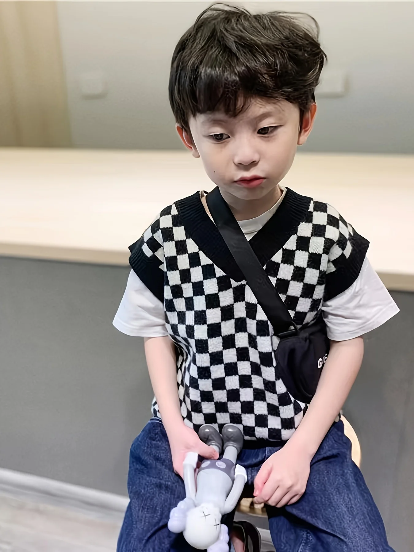 Checkerboard Vest, Kidsren's Woolen Vest, Autumn and Winter Clothing, New Style Boys' Style Vest, Family Clothing, Sweater Top