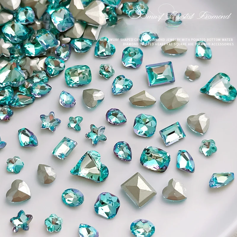 10 stks Meer Blauw Kristal Puntige Bodem Diamant Vonkende Vlinder Vet Vierkant Nail Art Decoraties Sieraden Accessoires