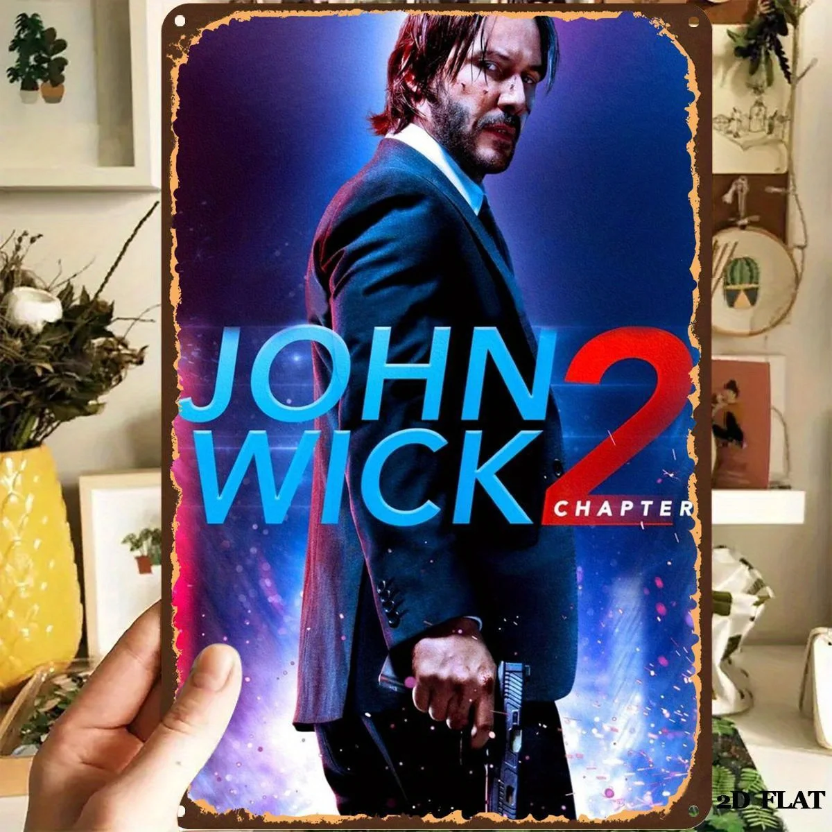 Плакат фильма «Джон Уик: Глава 2», металлическая жестяная вывеска — официальная копия плаката с предварительно просверленными отверстиями — винтажный декор из экшн-фильма f