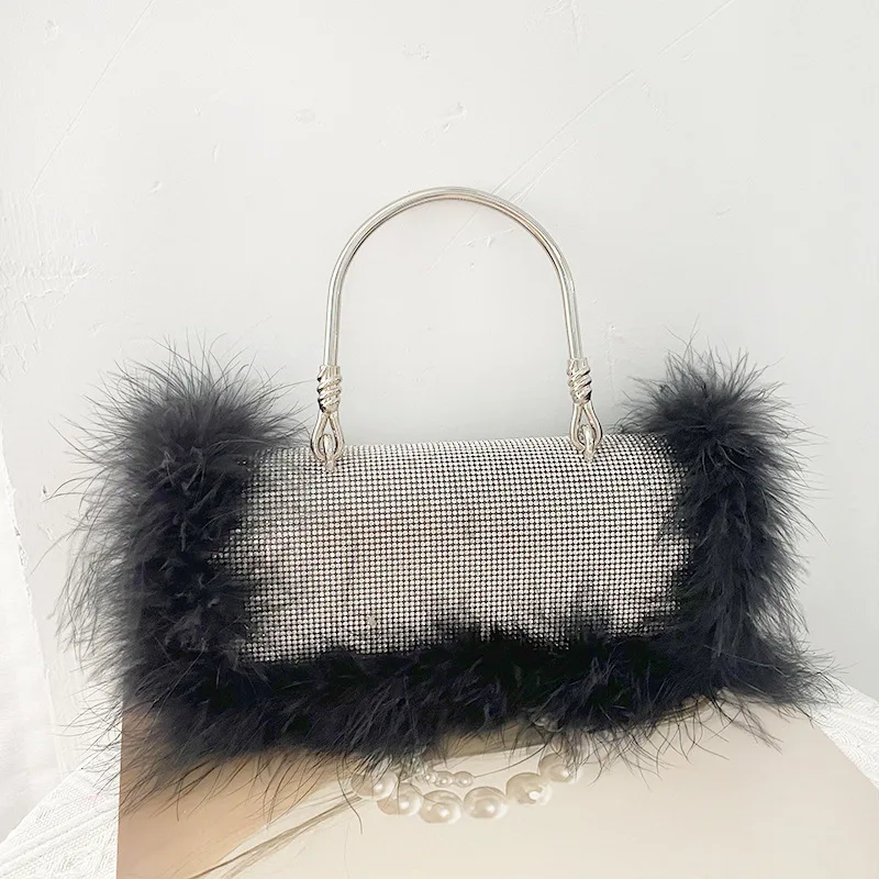 

Fashion Ostrich Faux Fur Feather Tote Bag, Ladies Shiny Diamond Dinner Party Wedding Tote Bag