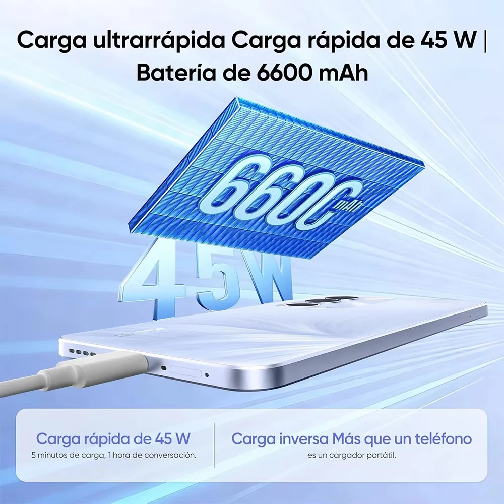 Smartphone Realme C100 5G Versión UE MediaTek Dimensity 6300, pantalla de 6.3 pulgadas Hz, batería de mAh, carga rápida de 45W, cámara trasera de 50MP 7