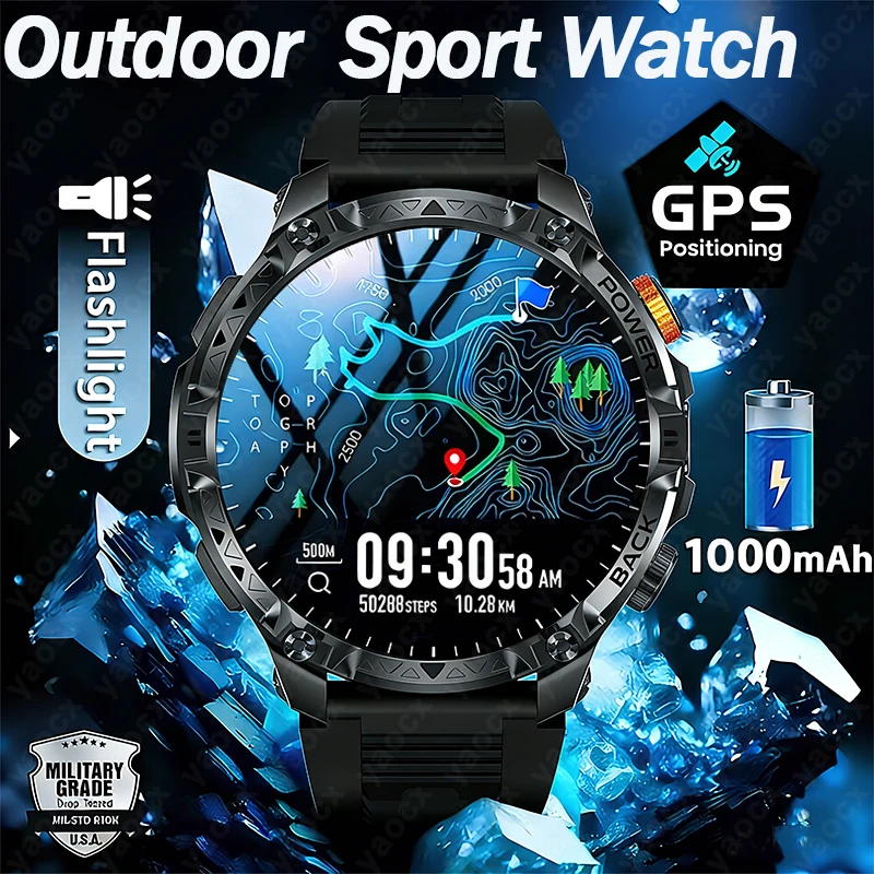 

2026 New 1000mAh Battery SmartWatch IP68 Waterproof Compass Bluetooth call 1.7" AMOLED HD Sports Flashlight Smart Watch For Men