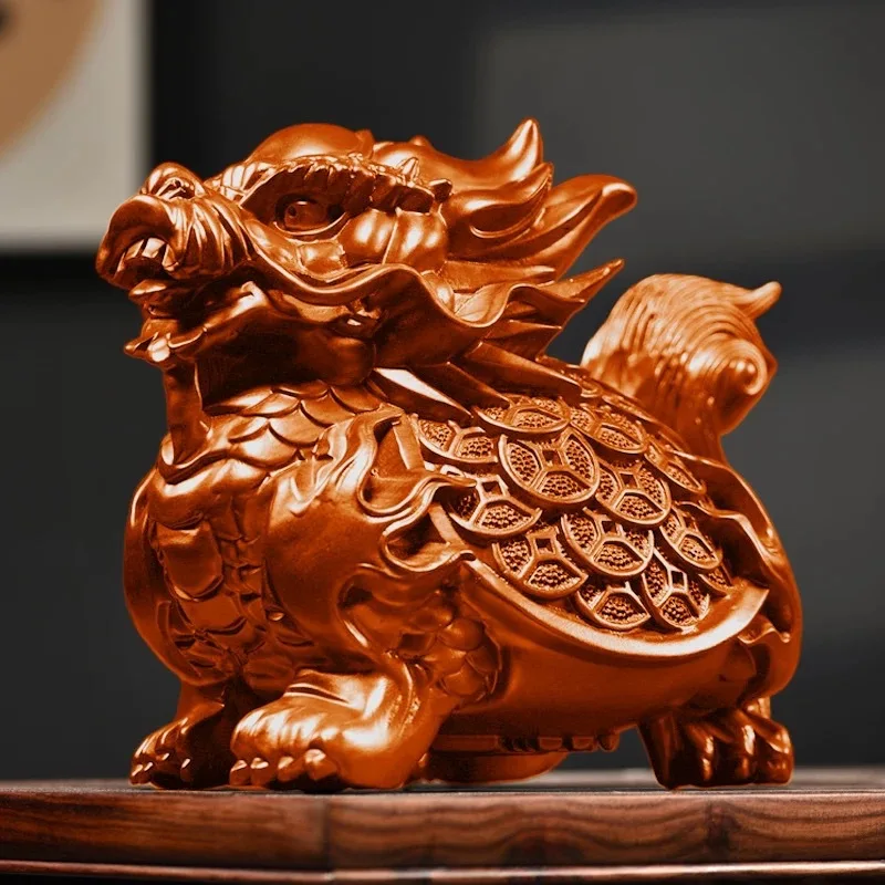 Ebony wood carved dragon turtle ornament, solid wood carved money bagua dragon-headed turtle for longevity, home living room dec