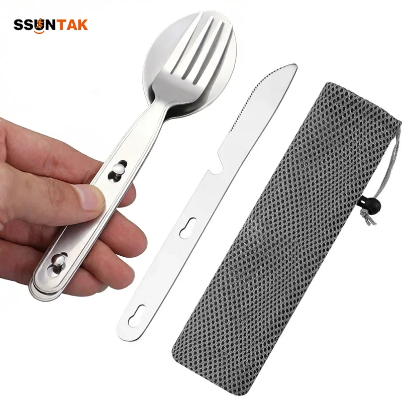 

SSUNTAK 1Set Stainless Steel Folding Camp Cutlery Portable Compact Durable Knife Fork Spoon for Outdoor Hike Picnic BBQ Travel