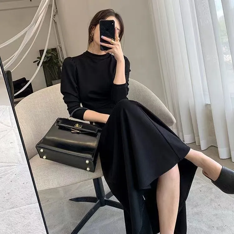 casual elegant womens clothing 2024 latest korean style fashion long sleeve dress Midi Black dress autumn dress women