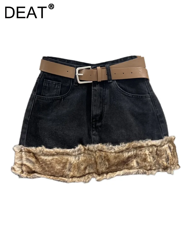 DEAT Women's Denim Skirt Spliced Plush Slim Wrap Hips A-line High Waist Belt Decoration Mini Skirts Autumn 2024 New Fashion