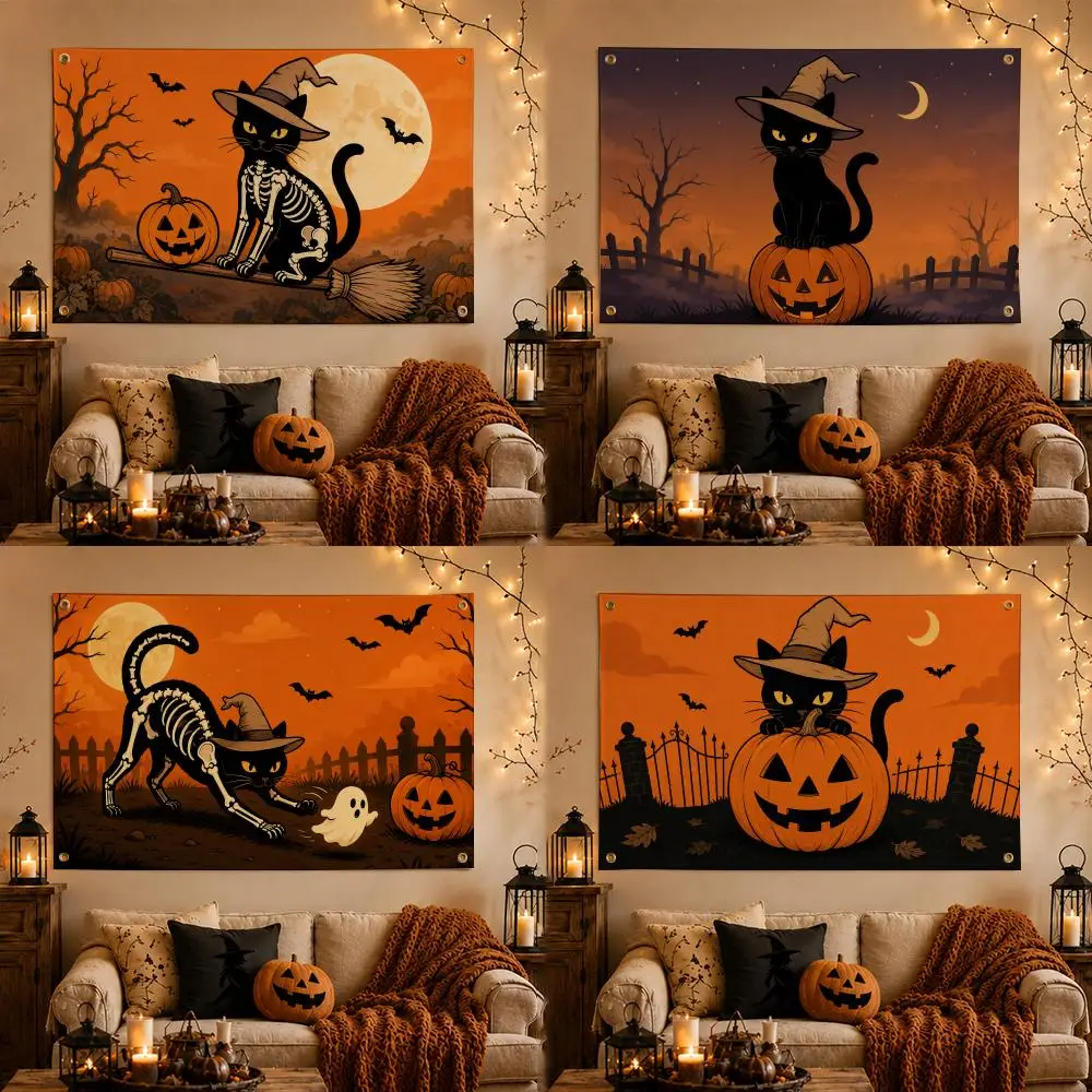 Black cat Pumpkin Halloween Flags Flag – Fade-Resistant Outdoor Garden Banner Suitable for Shop and Home Decoration