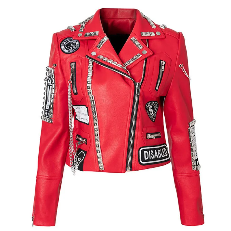 

2024 Spring Autumn korean clothes Rivet Punk Studded Motorcycle Pu Leather Jacket Women Fashion Punk Rock Red Leather jackets