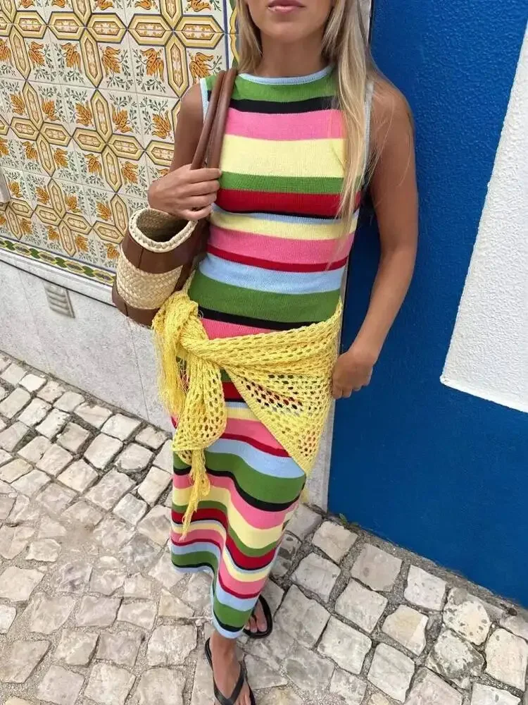 Chaxiaoa Striped Knit Sexy Maxi Dress for Women Autumn Fashion Patchwork Contrast Color Sleeveless Bodycon Long Tank Dresses