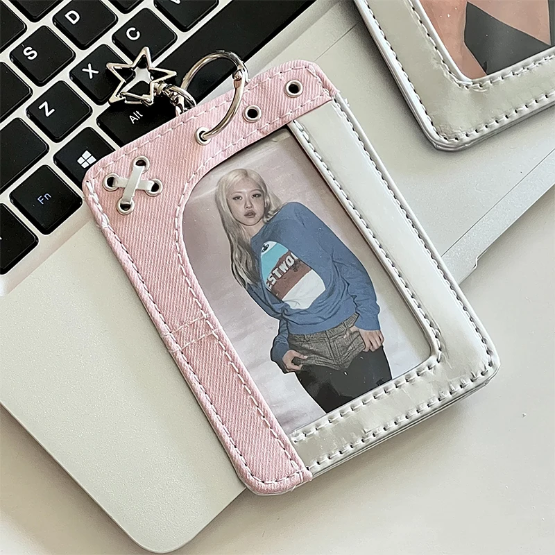 Denim Splicing Double Card Slot Kartenhalter 3-Zoll-Fotokartenhülle Kpop Small Card Display Card Cover