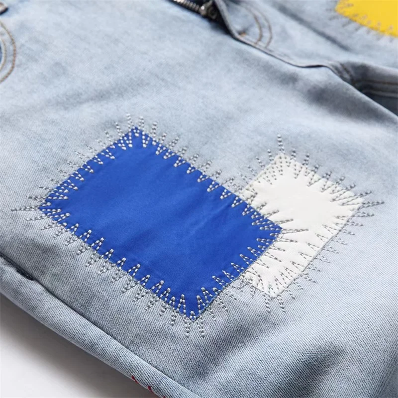 Men\'s Embroidered Jeans Rainbow Square Cloth Pure Cotton Stretch Slim Pants Scraped White Wearable High Street Color Patch 2025