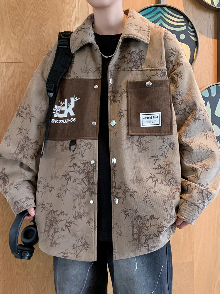 

New Chinese Sle Printed Jaet Men's Spring Autumn New irt Sle Casual Youthful Teenagers irt Coat Loose Fit Polyester