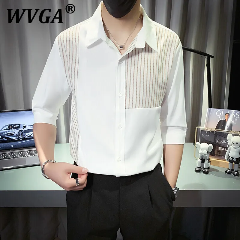 

WVGA Летние новые мужские рубашки Tide Techwear High Street Niche Design Модные рубашки с рукавами до половины длины Свободная шикарная повседневная рубашка Ins W7459