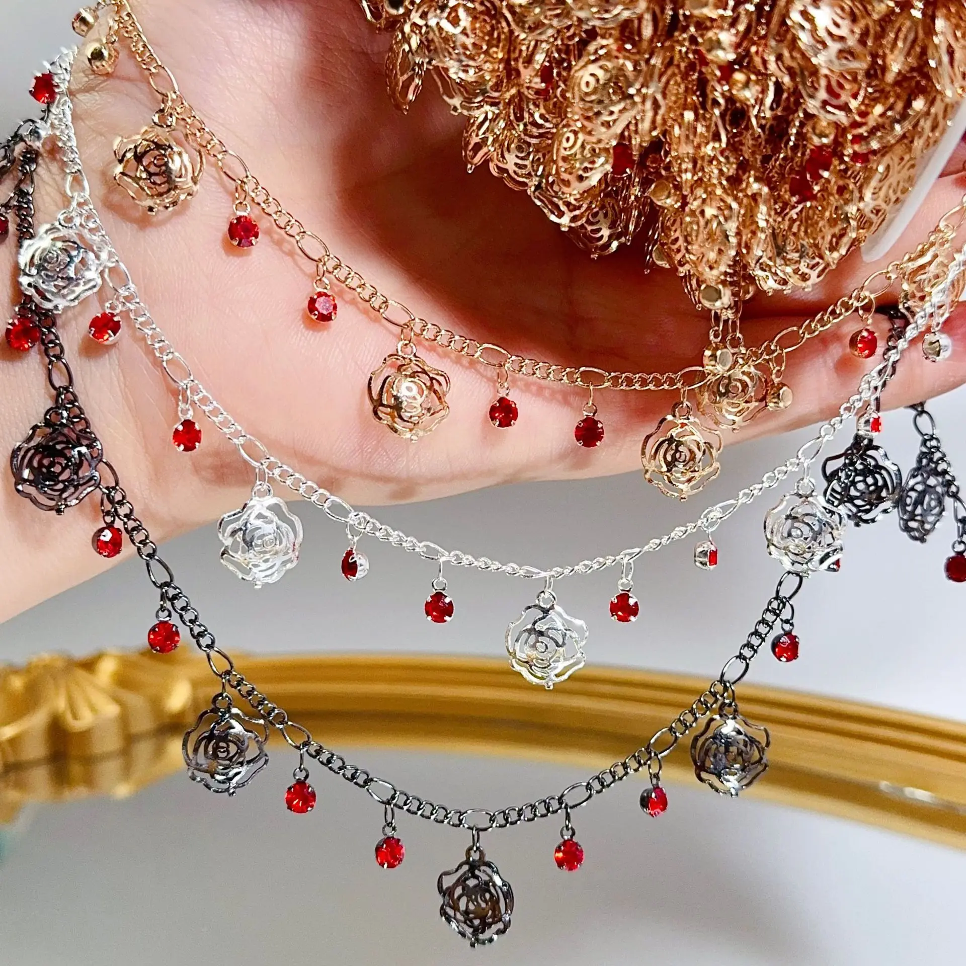 0.5/1/2M Gothic Style Hollow Rose Red And Black Rhinestone Chains For DIY Necklace Handmade Jewelry Decorative Chain Supplies