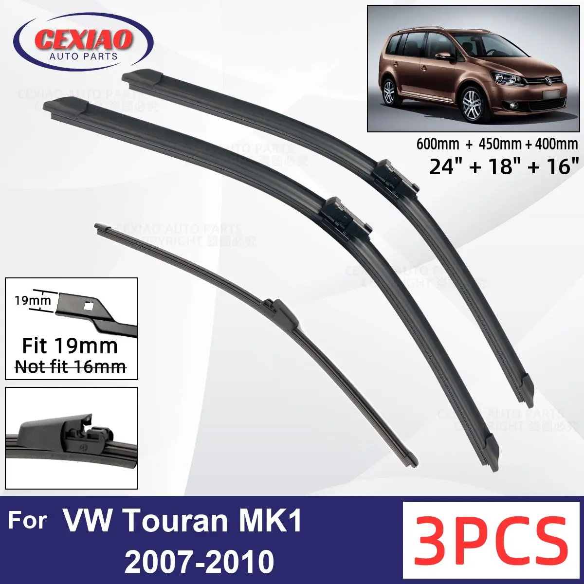 

For VW Touran MK1 2007-2010 Car Front Rear Wiper Blades Soft Rubber Windscreen Wipers Auto Windshield 24"+18"+16" 2008 2009