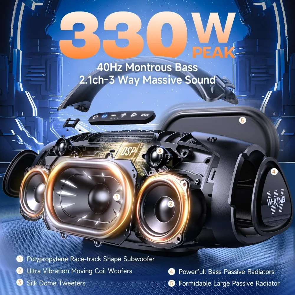 W-KING صندوق بوم عالي الحجم X20: قوة ذروة 330 وات، مضخم صوت 7.5 بوصة، قناة 2.1، مكبر صوت بلوتوث مقاوم للماء للجزء الخارجي
