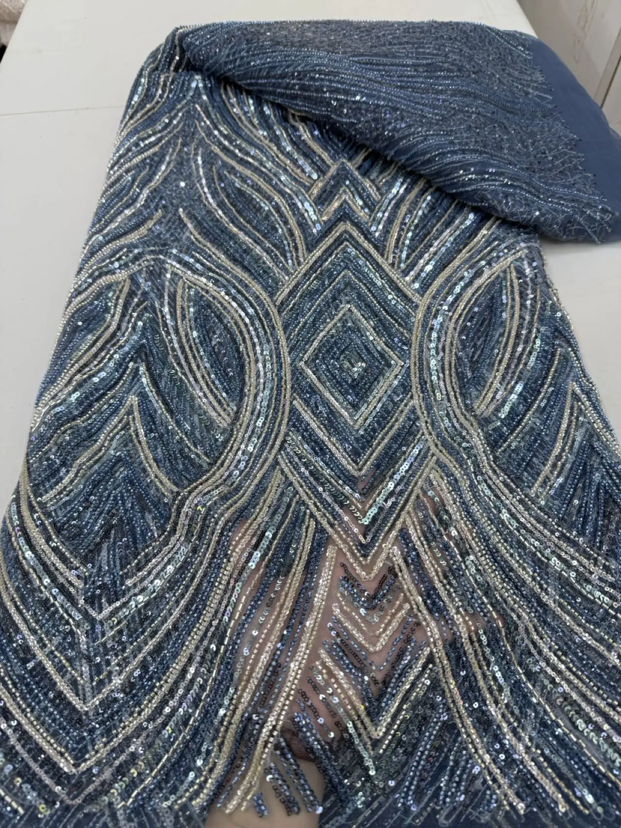 

2025 African Nigerian High-Quality Sequins Tulle Lace Fabric for Prom Dresses Beads Embroidery Sewing Net Cloth 5Yard JY483
