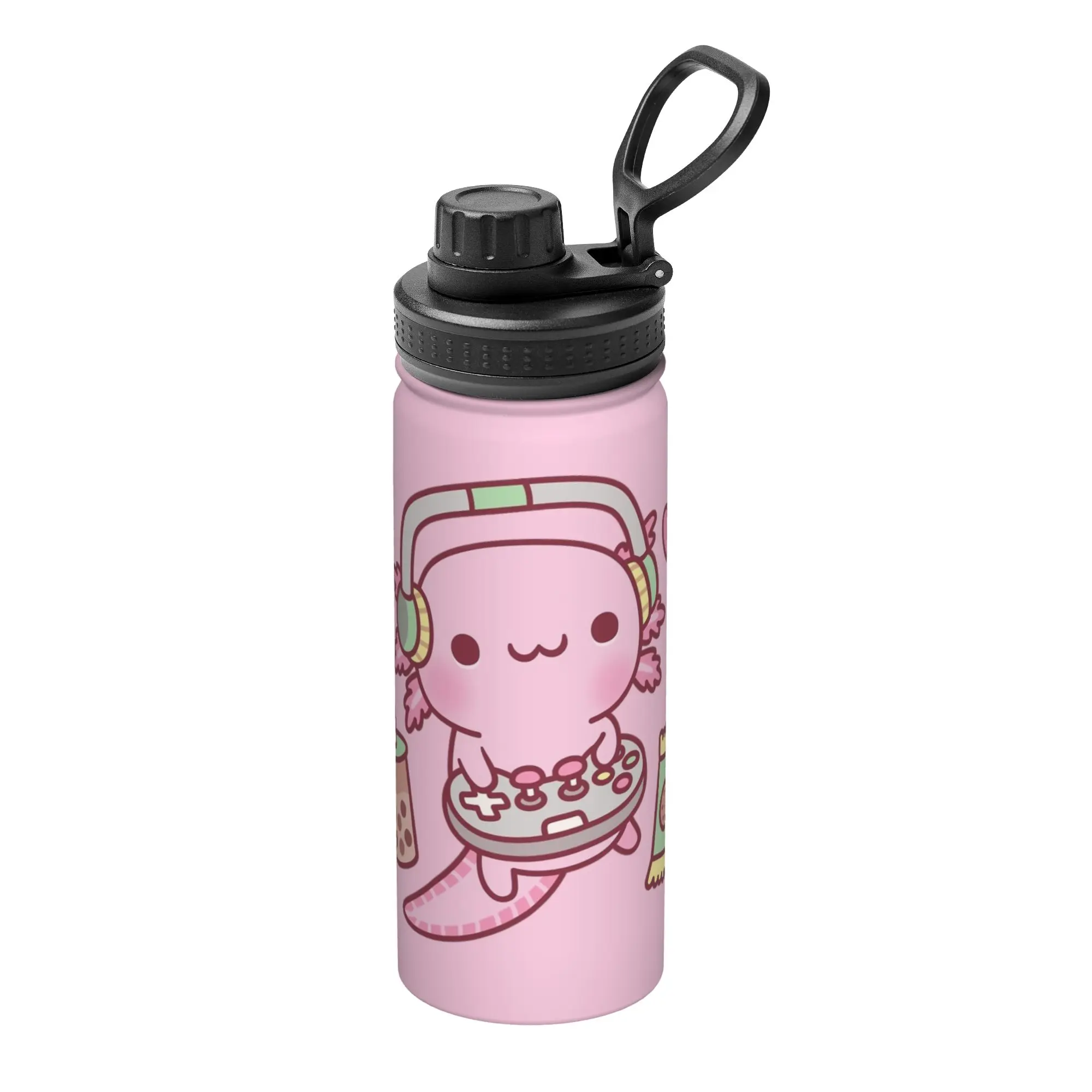 Cute Axolotl Loves Playing Video Games 18OZ Sports Insulated Kettle  Thermal Cup Vacuum Flask School Mug Hot Cold Drink