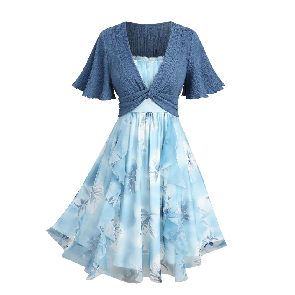 

ROSEGAL Plus Size 2-in-1 Dresses Flowers Ombre Print Lettuce Trim Ruffles Twist Textured Elegant Women's Oversize Fashion Dress