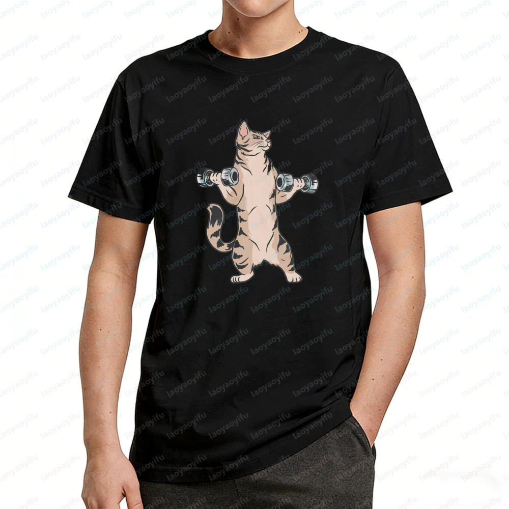 Powerlifting Fitness Cat Cotton T Shirt for Men's Cool Weightlifting Cat Print Casual Top Funny Gym Apparel Weightlifter Gifts