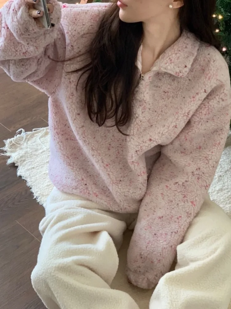 أنيقة الخريف الشتاء الحلو مكافحة الشيخوخة التلبيب f البريدي مختلط اللون فضفاض طويل Sve لامب الفراء البلوز عادية تخفيف Sle