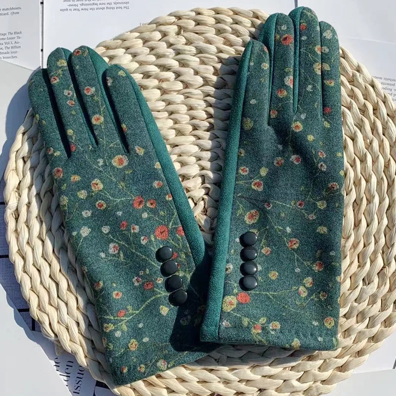 Guantes de flores para mujer, manoplas a prueba de viento, cálidas, no mullidas, bordadas, para viajes al aire libre, pantalla táctil, a la moda,