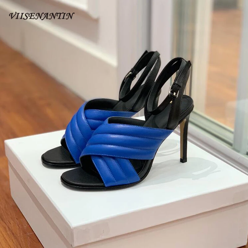 

Sexy New Brand Leather Summer Sandal Shoes Thin Heel Amazing Party Sapatos Mujer Blue Black Sheepskin Leather Dress Shoe