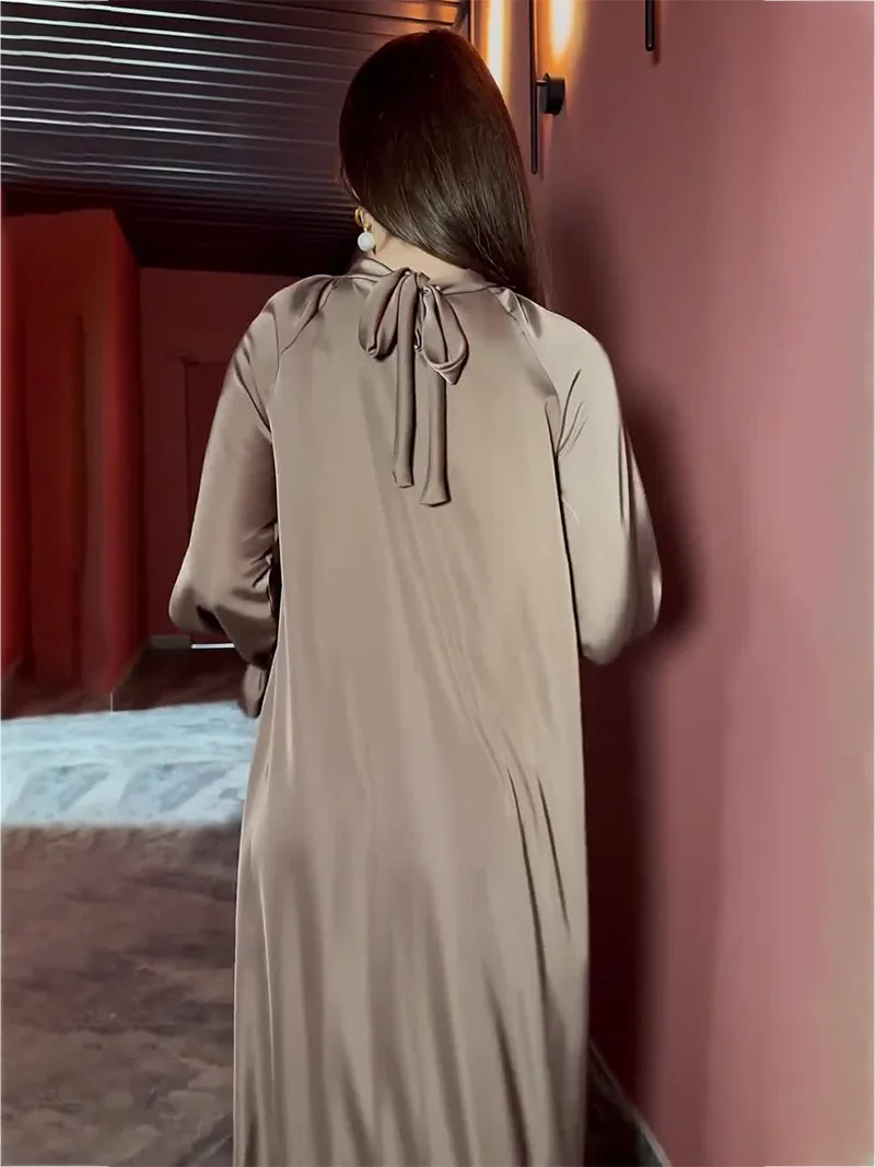 2024 Spring Autumn Modest Solid Color Satin Long Sleeve Dress Belt Party Women Clothes Graceful Crew Neck Lady Casual Dresses