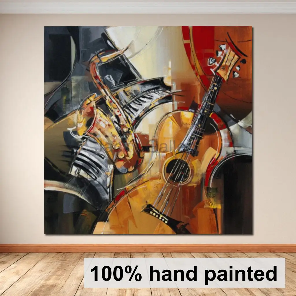 Hand Painted Abstract Guitar Music Oil Painting Modern Musical Instrument Canvas Wall Art Music Studio Study Room Decor