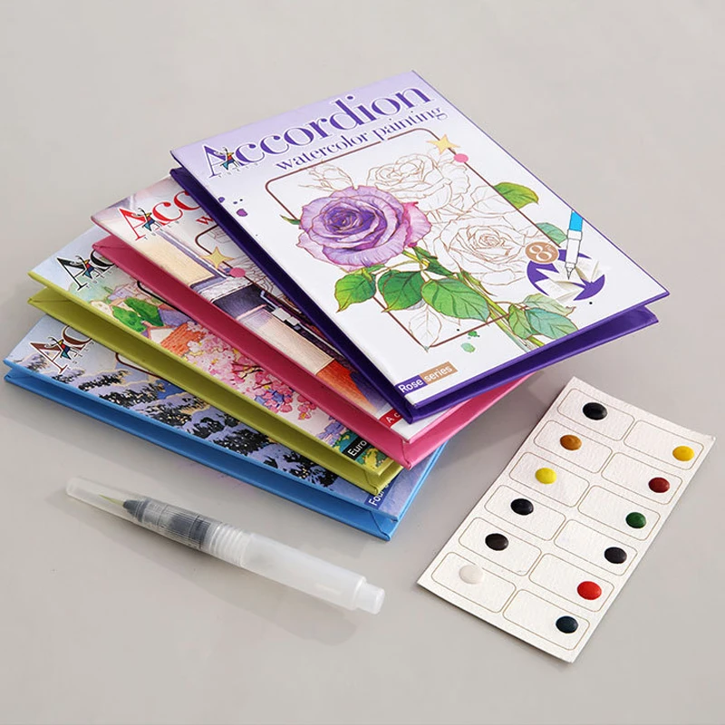 Portable Watercolor Painting Book, Graffiti Drawing Book, Foldable Coloring Book Kit With built-in paint, Holiday Birthday Gift