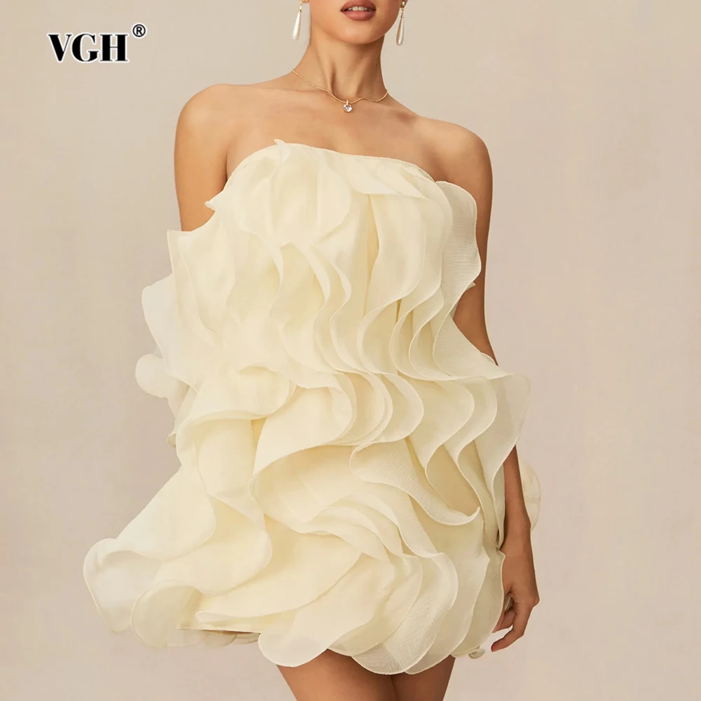 VGH Sexy Evening Spliced Ruffles Ball Gown for Women Strapless Sleeveless High Waist Patchwork Zipper Short Dress Female Style