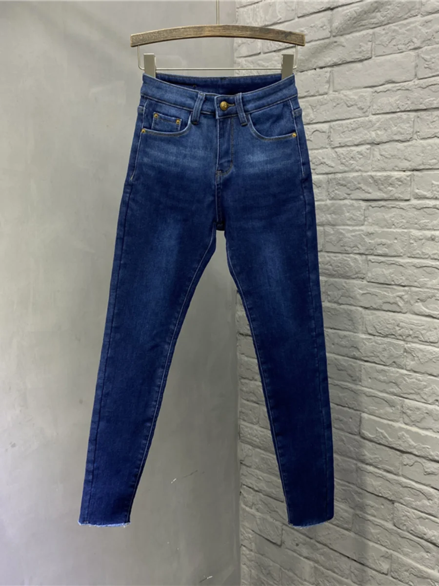 New 2023 Winter Fleece-Lined Thickened Gradient Color Stretch Jeans Women's High Waist All-Matching Skinny Cropped Denim Pants