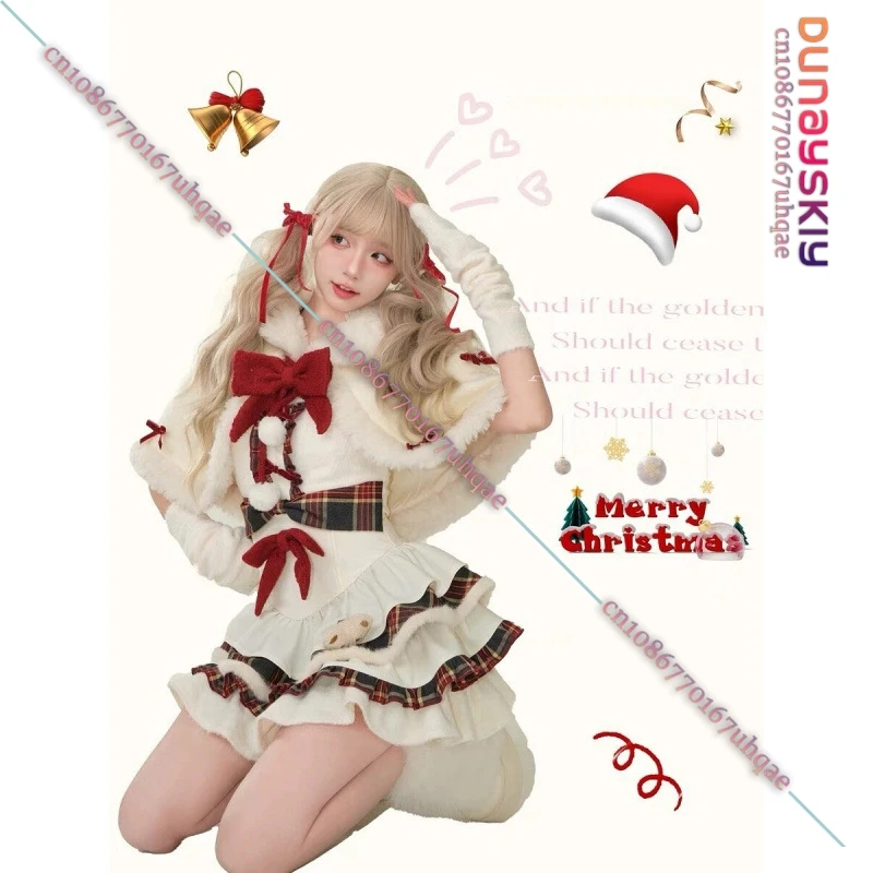 2024 Winter Christmas Robe KAWAII Lolita Dress Sweet Plush Bow Cape Coat Strap Cake Skirt Set Christmas XMAS Party Uniformed