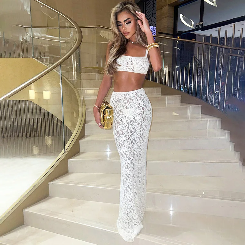 Women\'s Sexy Lace Camisole Top High Waist Mesh See Through Long Skirt Two Piece Set Clothes 2024 Summer Pink White 2 Piece Sets