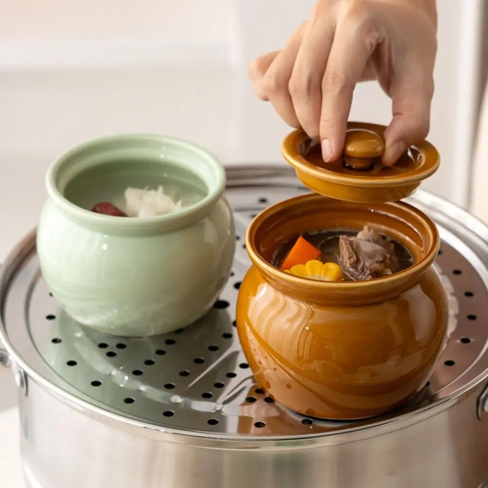 350ml/400ml Ceramic Stew Pot Thickened Large Capacity Porcelain Steaming Pot Mini Explosion-proof One-Person Soup Pot Kitchen