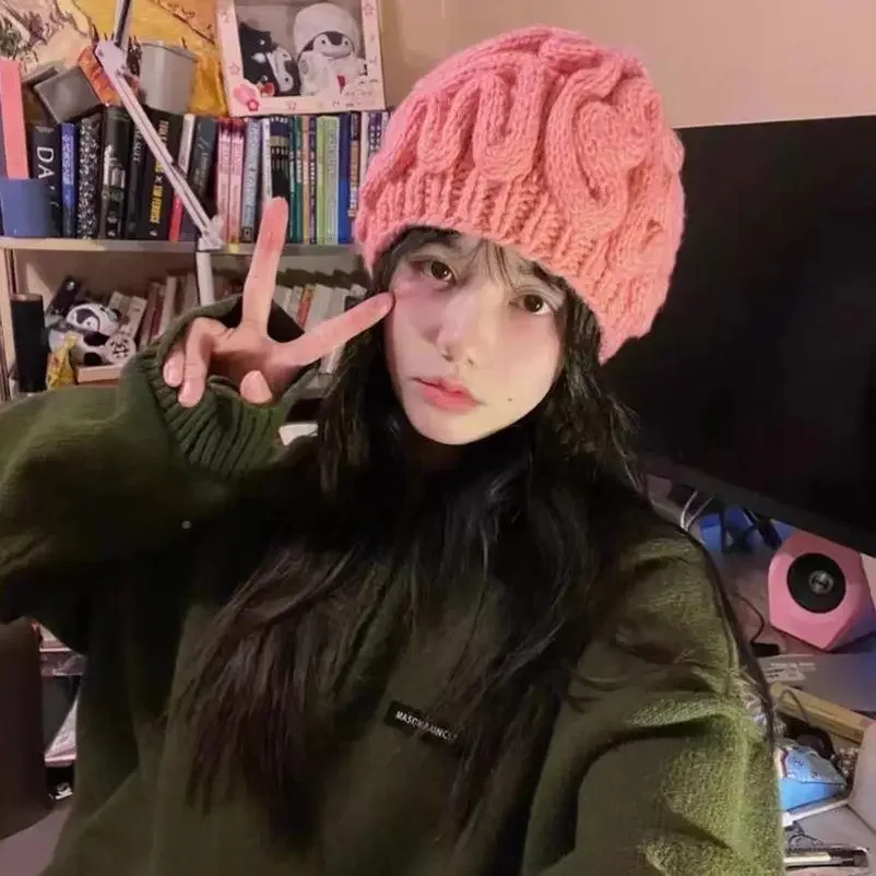 Customization Knitted Hat Warm Pink Brain Flower Funny Brain Hat Strange Handmade Yarn Same Style Love Brain Holiday Gift