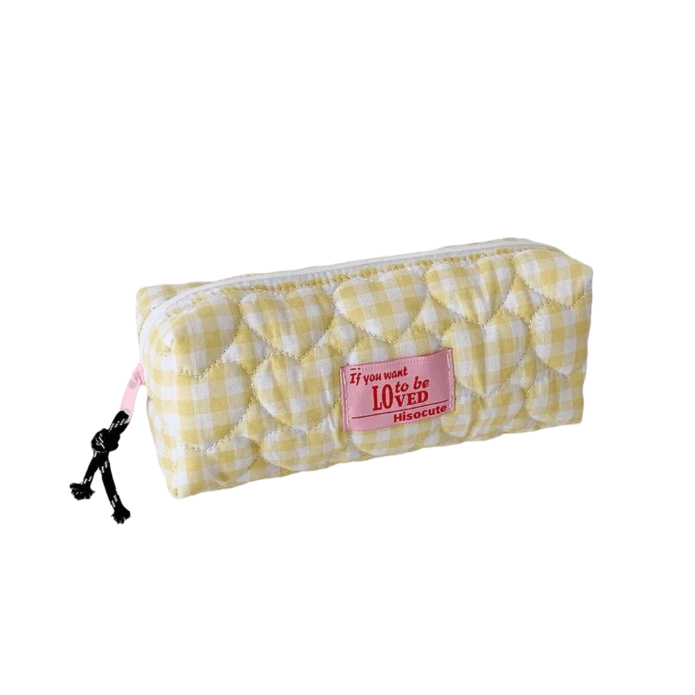 

Fashion Quilted Pen Bag Zipper Large Capacity Pen Pouch Heart Grid Student Pencil Case for Students Gift