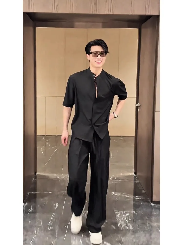 

White Ice Silk ort Sve irt с воротником-стойкой, повседневная летняя мужская одежда, комплект из двух предметов с сенсорными брюками для молодых мужчин