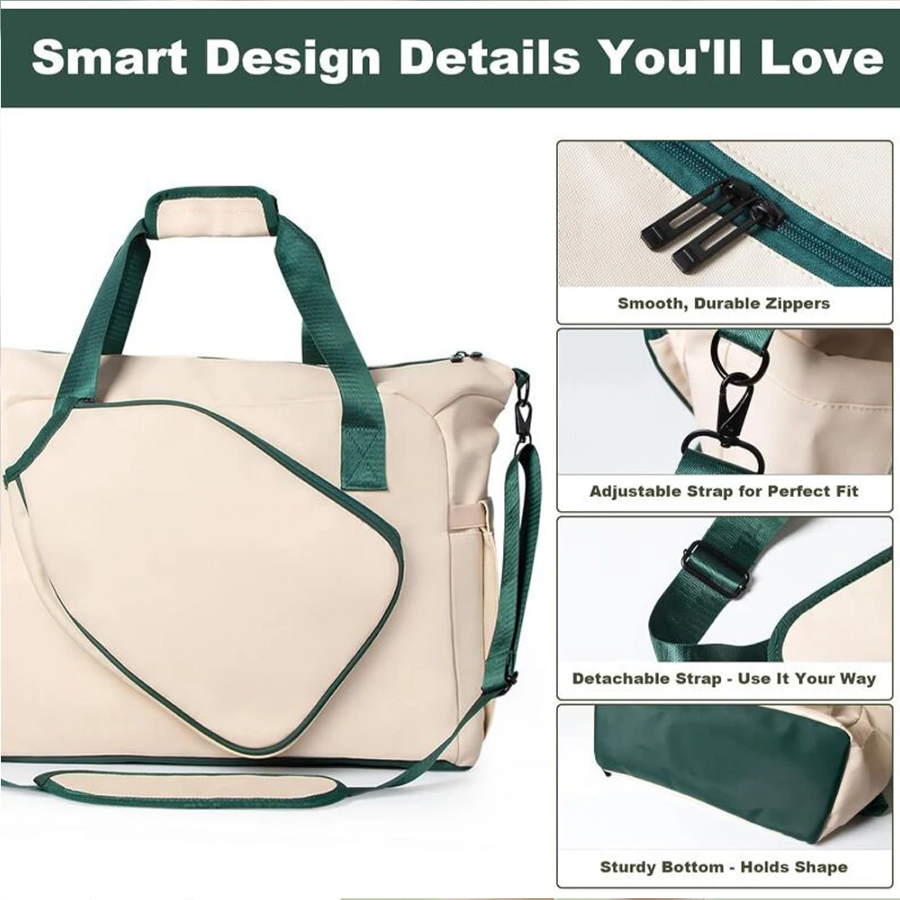 

Pickleball Tote Bag with Paddle Cover Pocket&Shoe Compartment,Pickle ball Bag for Women Men,Adjustable Shoulder Strap Fence Hook