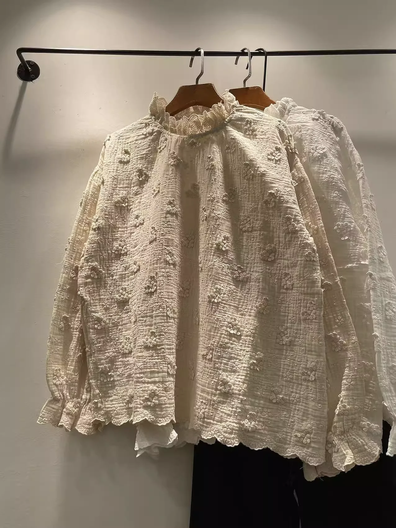 

2026 Mori girl style shirts Japanese brand 3d flower embroider solid shirts women cotton yarn stand collar long sleeve blouses