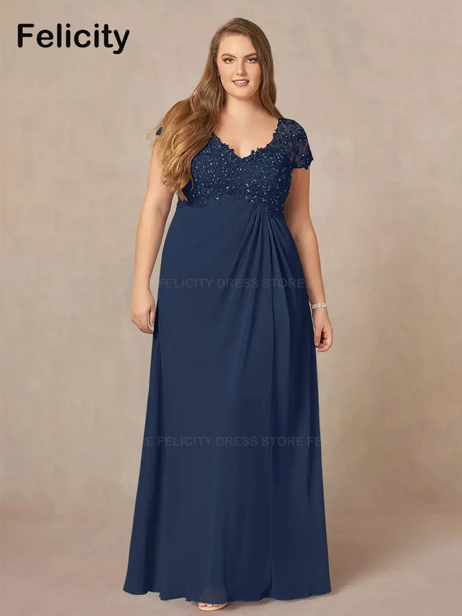 

Dark Navy Plus Size Mother of the Bride Dresses 2023 A-Line V-neck Wedding Party Dress Lace Chiffon Sequin Robes Invitée Mariage