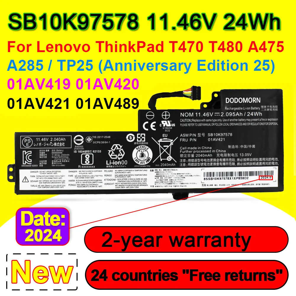 01AV421 SB10K97578 For Lenovo ThinkPad T470 T480 A475 A285 Series Laptop Battery 01AV419 01AV420 01AV420 01AV489 SB10K97576