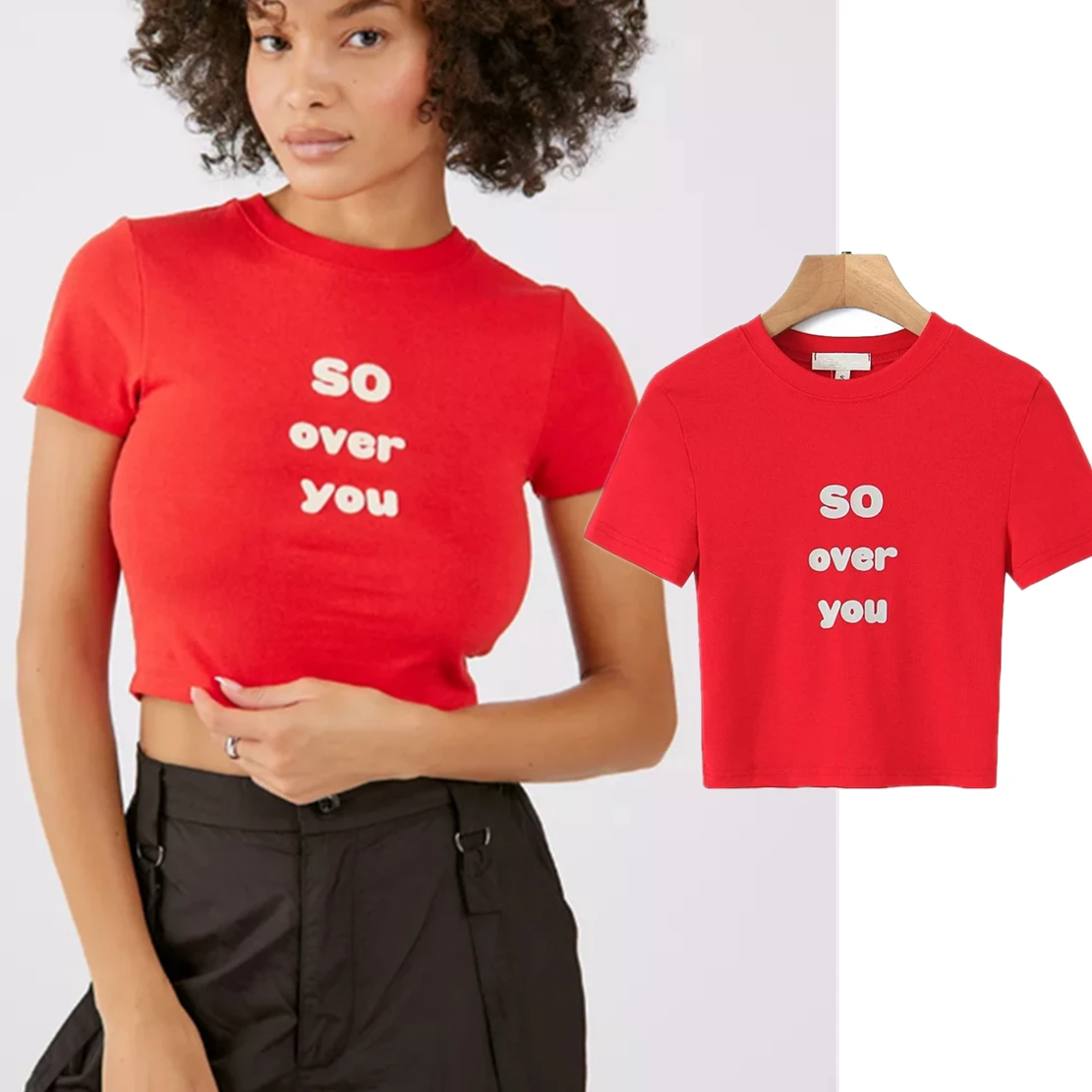 

Jenny&Dave 2024 Summer Red Color Tshirts Letter Printing Crop Tops Rib Knitted Round Neck Short Tshirt Women