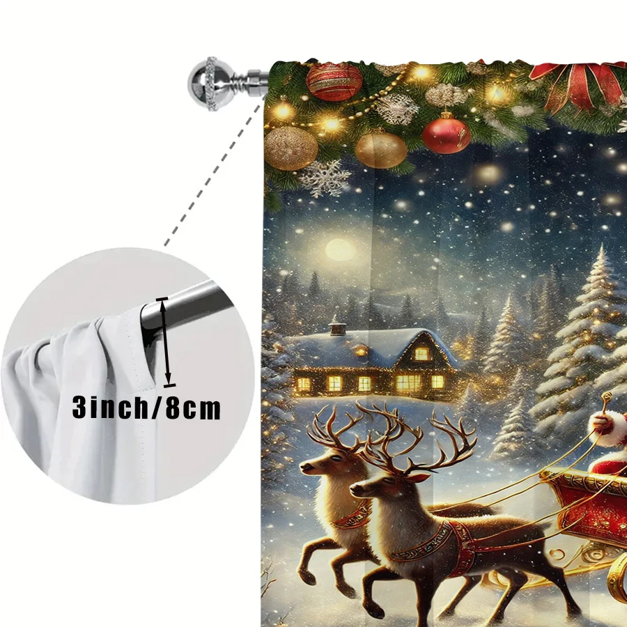 2PCS Santa Reindeer Sleigh Curtains, Flying Christmas Night Snowy Forest Scene, Magical Holiday Window Drapes for Bedroom Living