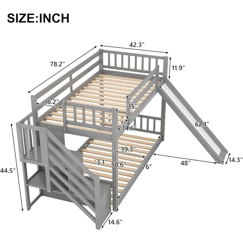 Stairs and Slide, Juniors Twin Over Twin Bunk Beds with Slats, No Box Spring Needed, Bed Bases & Frames