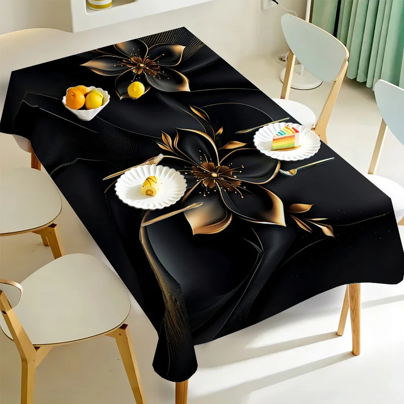Nappe florale noire et dorée, 1 pièce, pour pique-niques, camping, mariages, décoration de cuisine et de salle à manger, housse de table carrée/rectangulaire ‌
